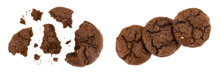 chocolate cookies broken isolated on white background with full depth of field. Top view. Flat lay