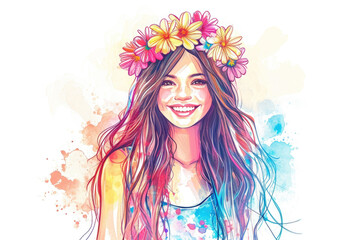 Fototapeta premium girl, on her head there is a flower wreath with long hair, watercolor stripes with stains
