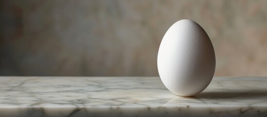 One white egg rests on a suitable counter for text.