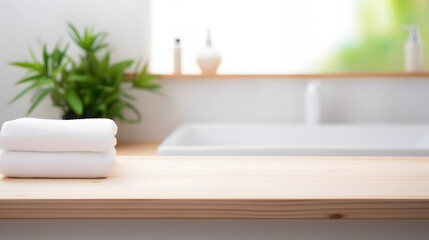 Obraz na płótnie Canvas White bathroom interior. Empty wooden table top with plant for product display with blurred bathroom interior background