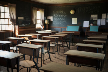 Classroom with wall with desks and papers in dark colors, back to school. Generative ai