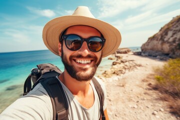A young man with a backpack, a hat and sunglasses takes a selfie on the rocky coast. A tourist on vacation.
