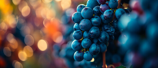 Sun-kissed grapes cling to the vine, their rich hues dancing amidst a bokeh of harvest's vibrant colors - obrazy, fototapety, plakaty