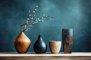 Elegant wooden and ceramic vases with a single blossom branch on a wooden table against blue dark background - obrazy, fototapety, plakaty