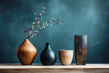 Foto op Plexiglas Elegant wooden and ceramic vases with a single blossom branch on a wooden table against blue dark background © Renata Hamuda