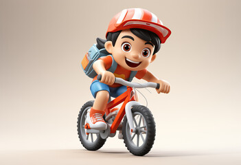 Three-dimensional cartoon of a happy boy cycling