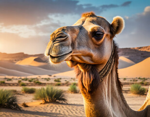 Scenic Desert Wildlife: Majestic Camel Amidst Saharas Sandy Dunes