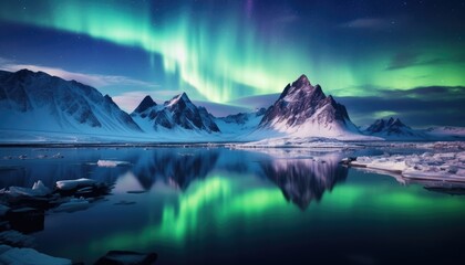 Obraz premium View of night sky with multicolored aurora borealis and snowy mountains peak background. Night glows in vibrant aurora reflection on the lake with forest. 