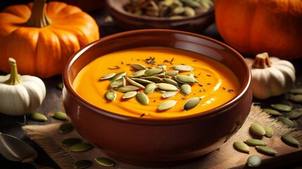 Tasty pumpkin cream soup with organic herbs and pumpkin seeds in vintage ceramic bowl