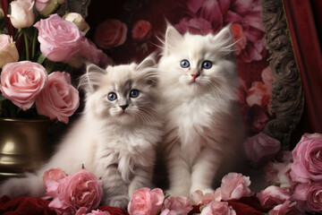Fototapeta premium Fluffy Kittens and Pink Roses Valentine, Generative AI