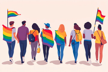 People walking with rainbow LGBT flags represent diversity. Pride walk concept.