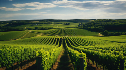 A high-quality photograph of a vast vineyard with orderly rows of grapevines, showcasing the beauty of the landscape with vibrant green leaves. - obrazy, fototapety, plakaty
