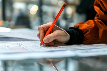 Person Writing on an Ad with a Red Pen in a Vibrant Style