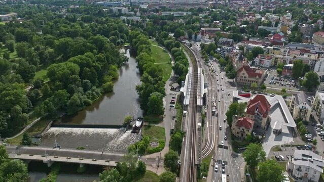Aerial drone view of Saale River in Jena , Thuringia, Germany