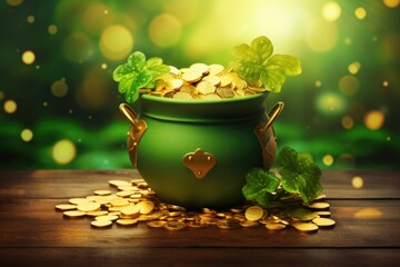 A pot of gold and green leprechaun hat for St. Patricks Day. - obrazy, fototapety, plakaty