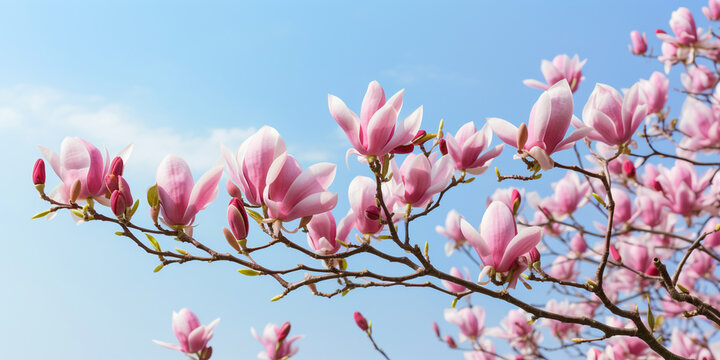 Blooming magnolia in spring flowers on a tree against a bright blue sky Beautiful light pink magnolia flowers on blue sky.