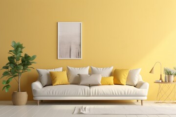 Cozy living room in a minimalist Scandinavian style with a sofa, pillows and a chair nearby and with yellow walls.