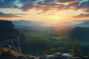Sunrise at Bohemian Switzerland forest, Czech republic - obrazy, fototapety, plakaty