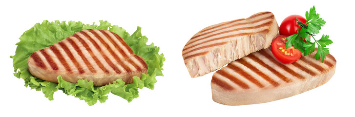 Tuna fish steak grilled isolated on white background with full depth of field
