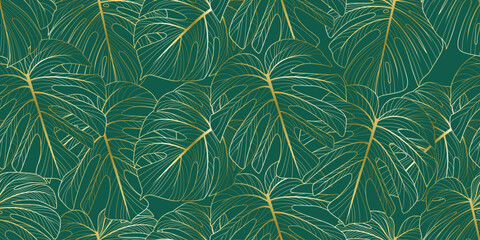 Elegant vector seamless background with abstract golden exotic monstera leaves for wrapping paper, textile, wedding, beauty designs © oladolka