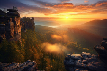 Sunrise at Bohemian Switzerland forest, Czech republic - obrazy, fototapety, plakaty