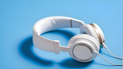 Generative ai. a pair of white headphones on a blue background, headphones on, headphones, headset, istock, wearing modern headphone, with head phones, with headphones