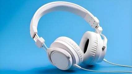 Generative ai. a pair of white headphones on a blue background, headphones on, headphones, headset, istock, wearing modern headphone, with head phones, with headphones