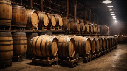 wine barrels in cellar, Whiskey, bourbon, scotch barrels store - obrazy, fototapety, plakaty