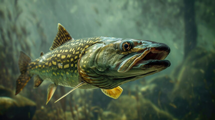 Fototapeta premium a large predatory catfish fish swims underwater in the river, with an open mouth, fins and tail