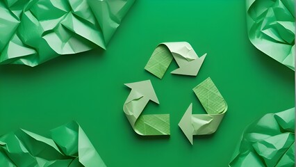 Generative ai. a recycling symbol made out of paper on a green background, recycled, paper, sustainable materials, avatar image, sustainability, eco, environment, sustainable