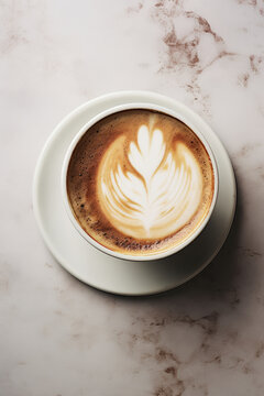 Coffee mug on marble surface, latte art