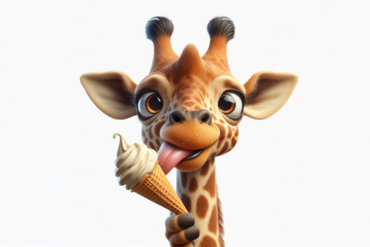 Photo giraffe with tongue hanging out and big bulging eyes eat ice cream cone on solid white background. ai generative