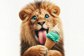 Photo lion with tongue hanging out and big bulging eyes eat ice cream cone on solid white background. ai generative - obrazy, fototapety, plakaty