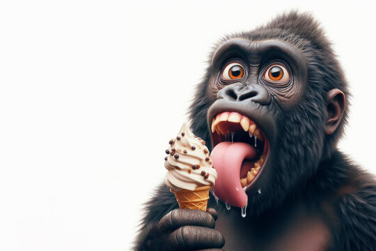Photo Gorillas with tongue hanging out and big bulging eyes eat ice cream cone on solid white background. ai generative