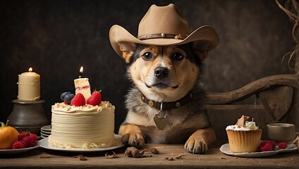 Dog with Cowboy Hat, eating cake western style