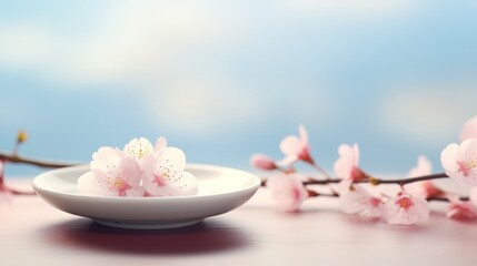 Fototapeta na wymiar Cherry blossom and porcelain bowl on blue sky background Generative AI