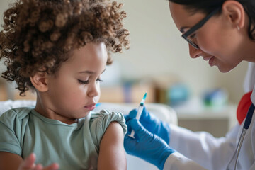 close-up of a child receiving a vaccination with a calm and reassuring healthcare professional, emphasizing the importance of a positive and supportive environment in a minimalisti - obrazy, fototapety, plakaty