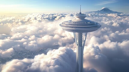 A futuristic round panoramic construction reaching high above the clouds made with Ai generative technology
