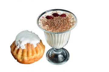 Rum baba cake and cream with chocolate.