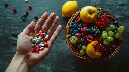 comparison of tablets with berries and fruits in hands, vitamins