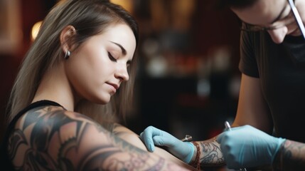 Tattooist makes a tattoo on the arm of a beautiful young woman Generative AI