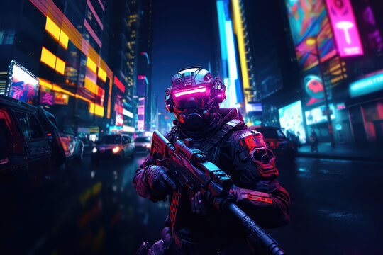 Fototapeta Cyberpunk soldier, neon highlights and neon contour. Cyberpunk soldier city patrol, illustration of military robot. Concept art, Digital painting.