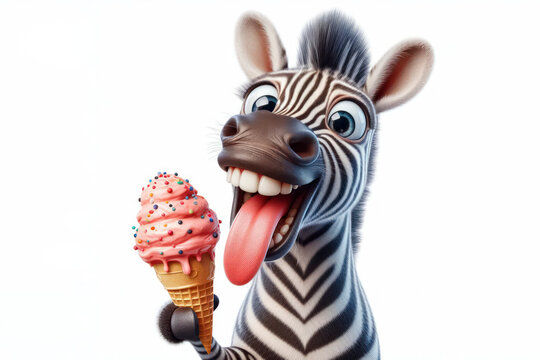 Photo zebra with tongue hanging out and big bulging eyes eat ice cream cone on solid white background. ai generative