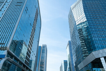 Looking up at the skyscrapers in the financial center