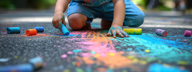 The child draws a house and a rainbow on the asphalt with chalk. Selective focus. Generative AI,