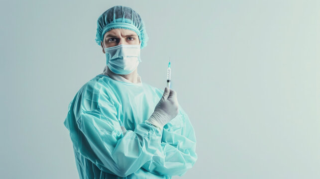 doctor male surgeon holding a syringe with a needle near his face, dressed in a mask, cap and gown on a plain background