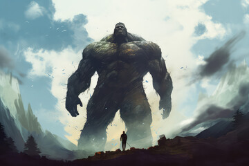illustration painting of the man standing and facing the giant monster, digital art style (ai generated)