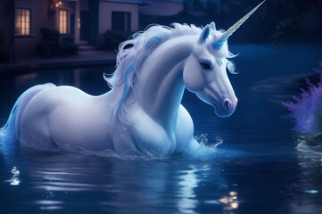 Obraz na płótnie Canvas A photo of a beautiful white color Unicorn in water at night Generative AI