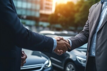 Naklejka na ściany i meble Businessman shaking hands a meeting with partners, with happiness outside, setting goals and planning the way to success. Collaborative teamwork.