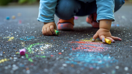 The child draws a house and a rainbow on the asphalt with chalk. Selective focus. Generative AI,
